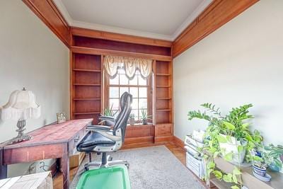 home office featuring light hardwood / wood-style flooring and ornamental molding