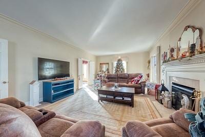 living room featuring crown molding