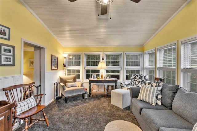 sunroom featuring ceiling fan, wood ceiling, and vaulted ceiling