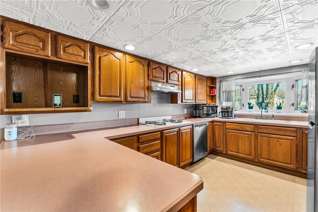 303 Water St, Jamestown, PA 16134 - kitchen featuring an ornate ceiling, dishwasher, under cabinet range hood, open shelves, and brown cabinetry