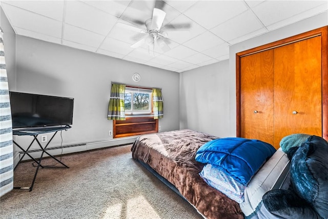303 Water St, Jamestown, PA 16134 - bedroom featuring a drop ceiling, carpet flooring, ceiling fan, and baseboard heating