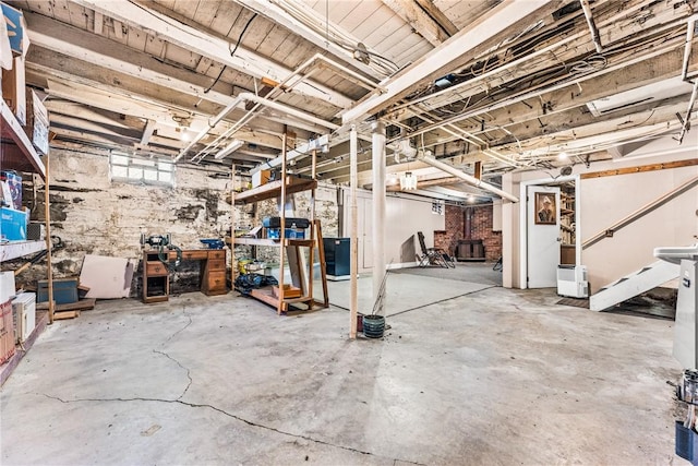 basement with a wood stove