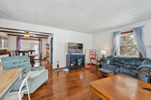 living room featuring dark hardwood / wood-style flooring, ceiling fan, plenty of natural light, and a textured ceiling