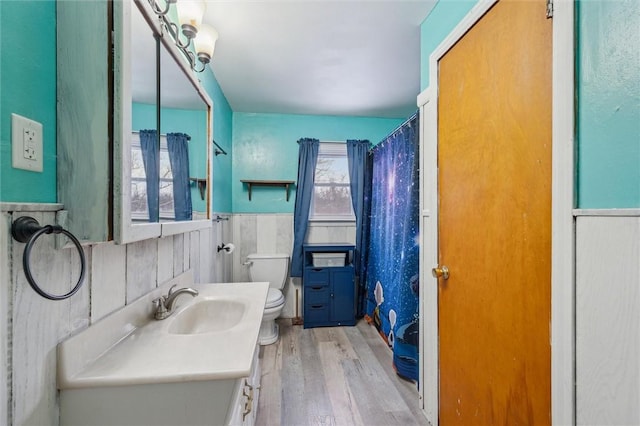 bathroom featuring curtained shower, vanity, wood-type flooring, and toilet