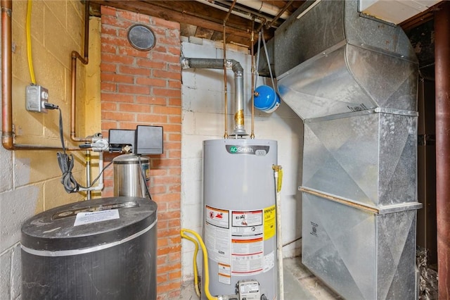 utility room featuring heating unit and water heater