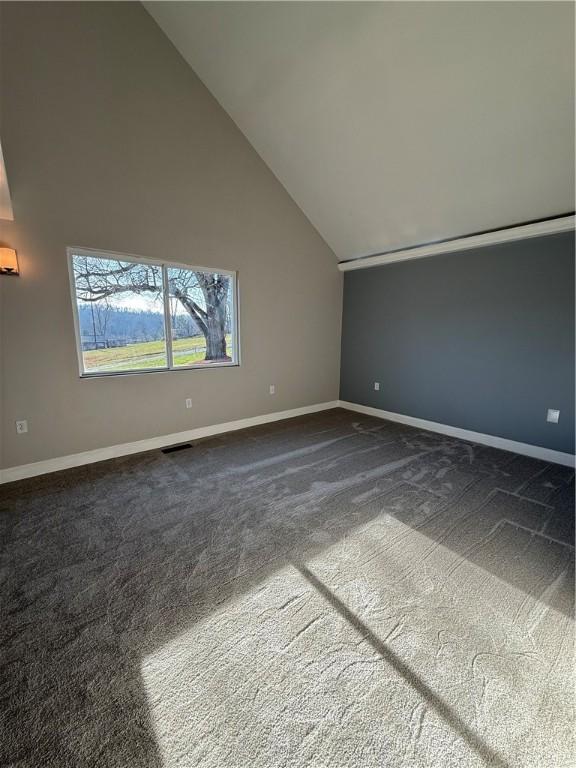 unfurnished room with high vaulted ceiling and dark carpet