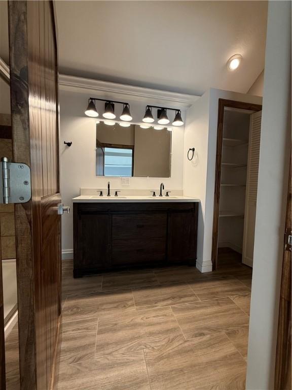 bathroom with hardwood / wood-style floors, vanity, and vaulted ceiling