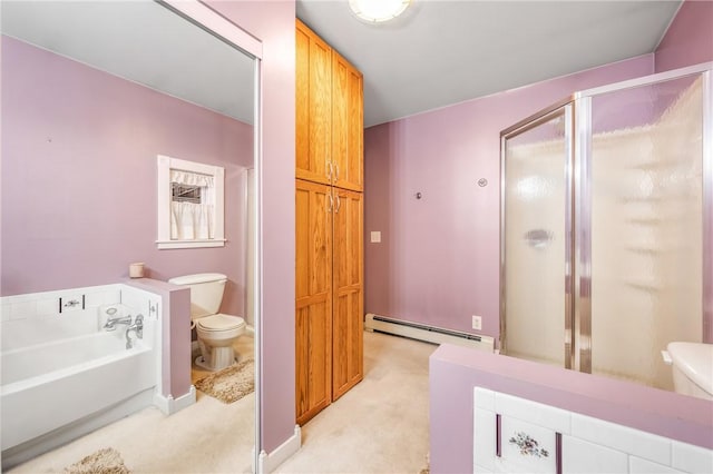 bathroom featuring a baseboard radiator, toilet, and independent shower and bath