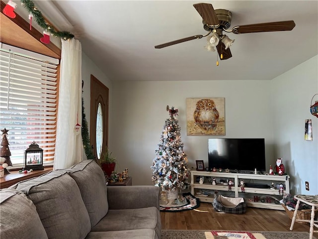 living room with wood-type flooring and ceiling fan