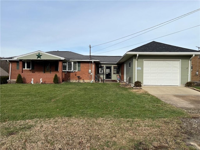 ranch-style house with a garage and a front lawn