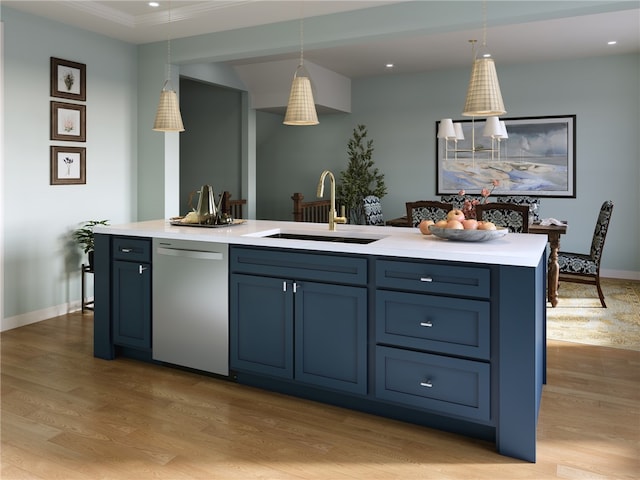 kitchen with blue cabinetry, a kitchen island with sink, sink, and stainless steel dishwasher