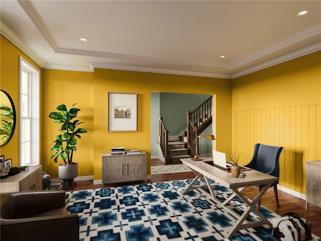 interior space featuring hardwood / wood-style flooring and crown molding