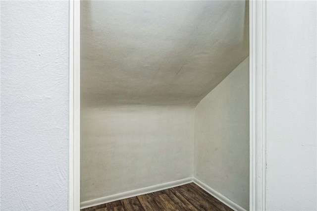 interior space featuring lofted ceiling and dark wood-type flooring