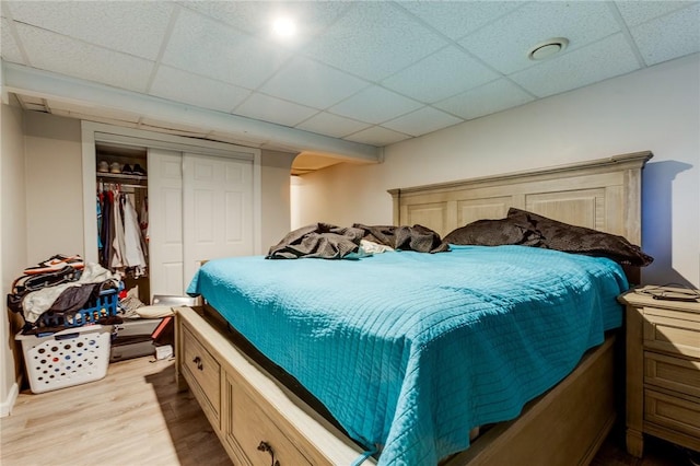 bedroom featuring a paneled ceiling, light hardwood / wood-style flooring, and a closet