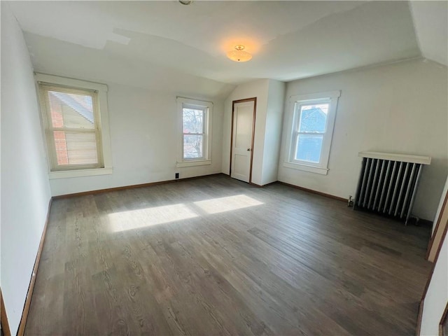 interior space featuring radiator heating unit, dark wood-type flooring, and vaulted ceiling