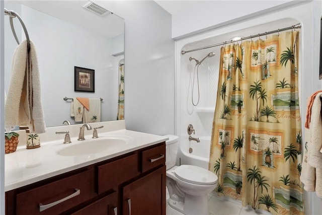 full bathroom featuring tile patterned flooring, shower / tub combo, vanity, and toilet