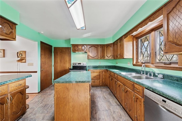 kitchen featuring hardwood / wood-style floors, dishwasher, a center island, sink, and range with electric stovetop