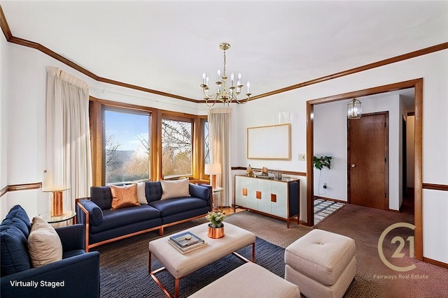 carpeted living room with an inviting chandelier and ornamental molding