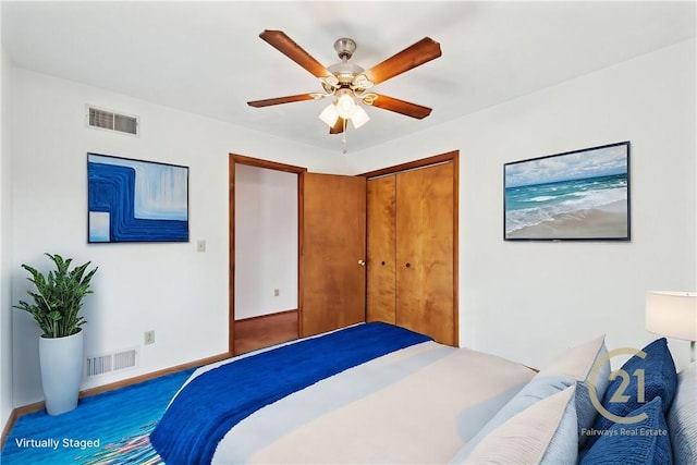 bedroom with a closet and ceiling fan