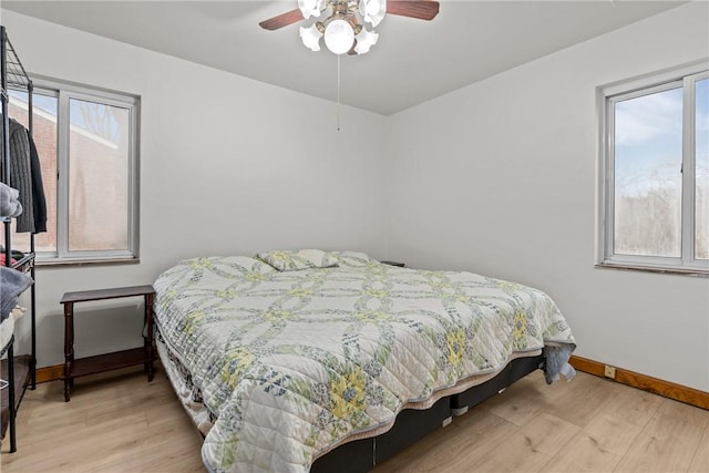 bedroom with ceiling fan and light wood-type flooring