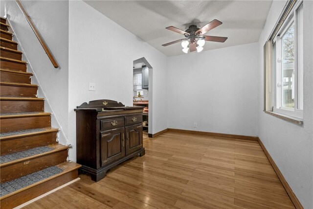 interior space with ceiling fan and light wood-type flooring