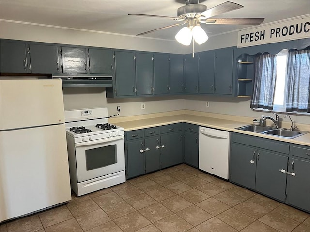 kitchen featuring white appliances, crown molding, sink, ceiling fan, and range hood