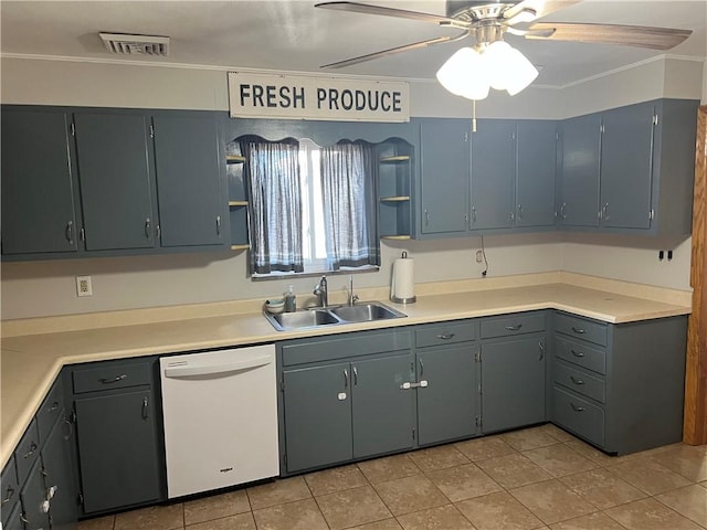 kitchen featuring dishwasher, sink, ceiling fan, ornamental molding, and light tile patterned flooring