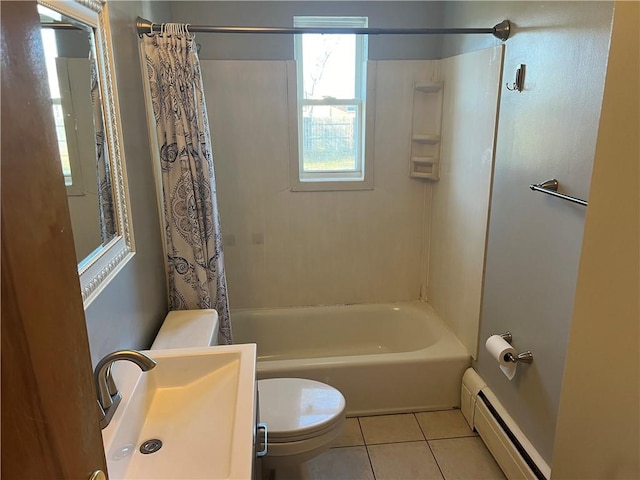 full bathroom with sink, tile patterned flooring, a baseboard heating unit, shower / bath combination with curtain, and toilet