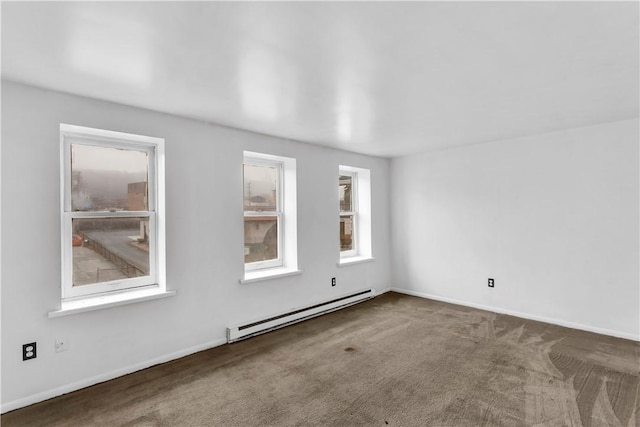 unfurnished room featuring a baseboard radiator and dark carpet