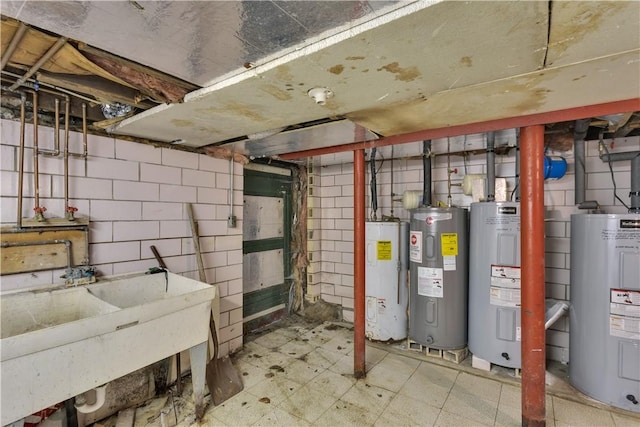 basement with electric water heater and sink