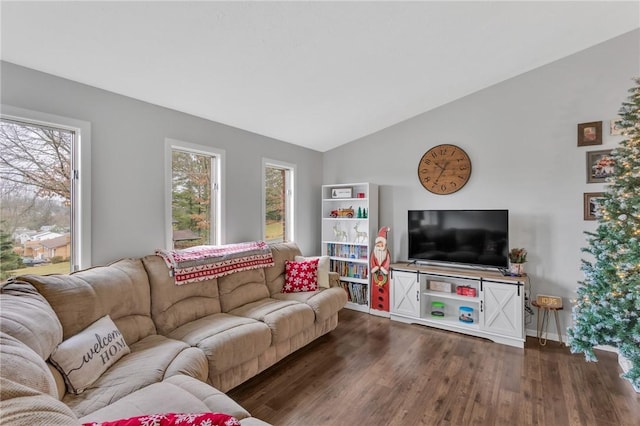 living room featuring dark hardwood / wood-style flooring and vaulted ceiling