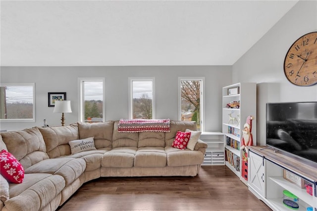 living room with lofted ceiling, plenty of natural light, and dark hardwood / wood-style floors