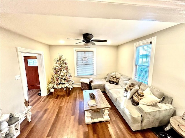 living room with wood-type flooring and ceiling fan