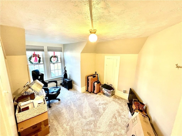 interior space with a textured ceiling, light colored carpet, and lofted ceiling