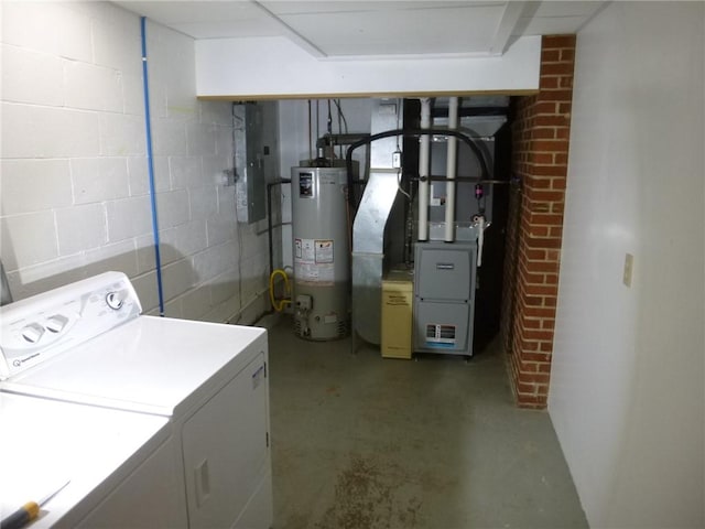 washroom with washing machine and clothes dryer, electric panel, heating unit, and water heater