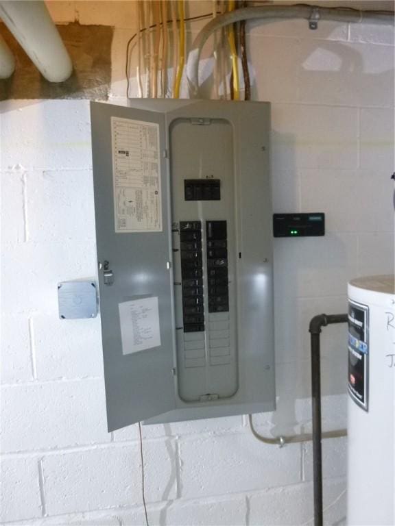 utility room featuring electric panel and water heater