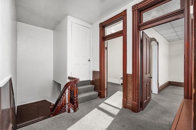 corridor featuring a paneled ceiling and dark carpet