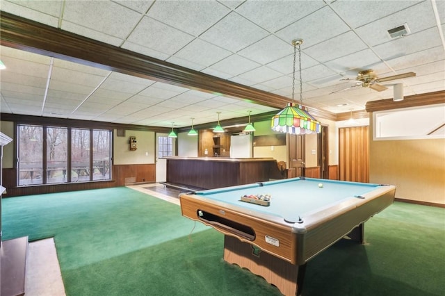 playroom featuring ceiling fan, a drop ceiling, billiards, carpet, and ornamental molding