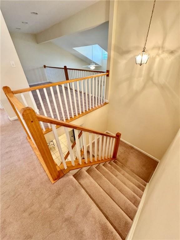 stairway featuring carpet flooring