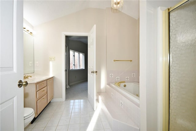 full bathroom with vanity, lofted ceiling, plus walk in shower, tile patterned flooring, and toilet