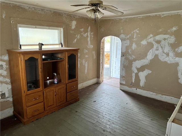 interior space with ceiling fan, plenty of natural light, and hardwood / wood-style floors