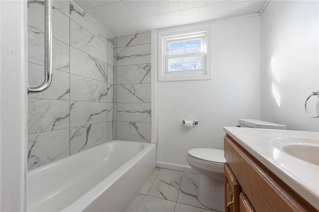 full bathroom featuring vanity, toilet, and tiled shower / bath combo