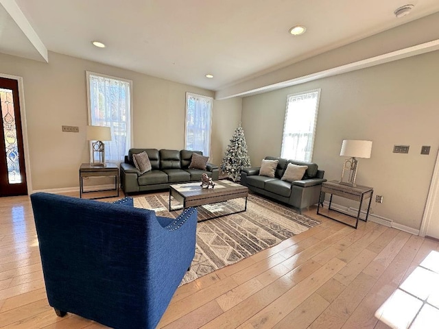 living room featuring a wealth of natural light and light hardwood / wood-style floors