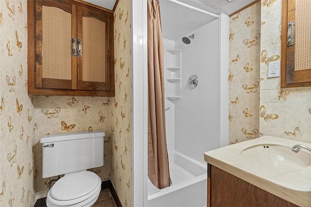 full bathroom with vanity, toilet, and shower / bathtub combination with curtain