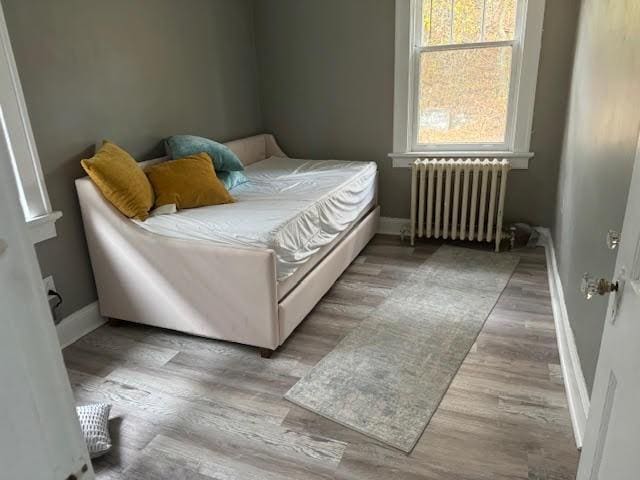 bedroom featuring radiator heating unit and light hardwood / wood-style floors