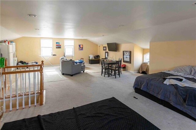 carpeted bedroom with vaulted ceiling