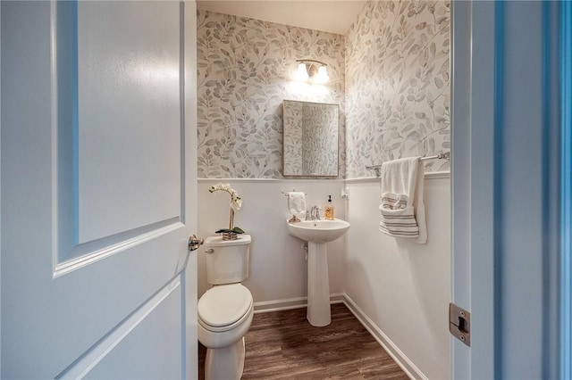 bathroom with hardwood / wood-style flooring and toilet