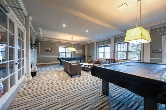 recreation room with french doors, light colored carpet, ornamental molding, and billiards