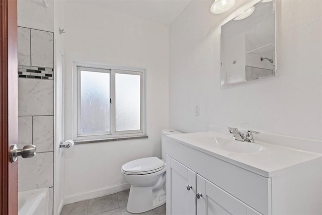 full bathroom featuring tile patterned flooring, vanity, toilet, and tiled shower / bath