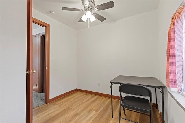 office with ceiling fan and light hardwood / wood-style flooring